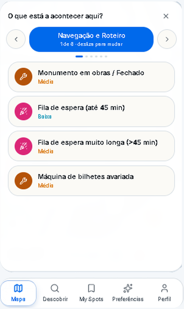 Formulário comunitário do SpotsCity para reportar obstáculos, filas e avarias